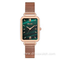 Hot Sale Luxury Ladies Wrist Watch Classic Square Green Watch Quartz Fashion Analog Mesh Stainless Steel Women Clock Relojes